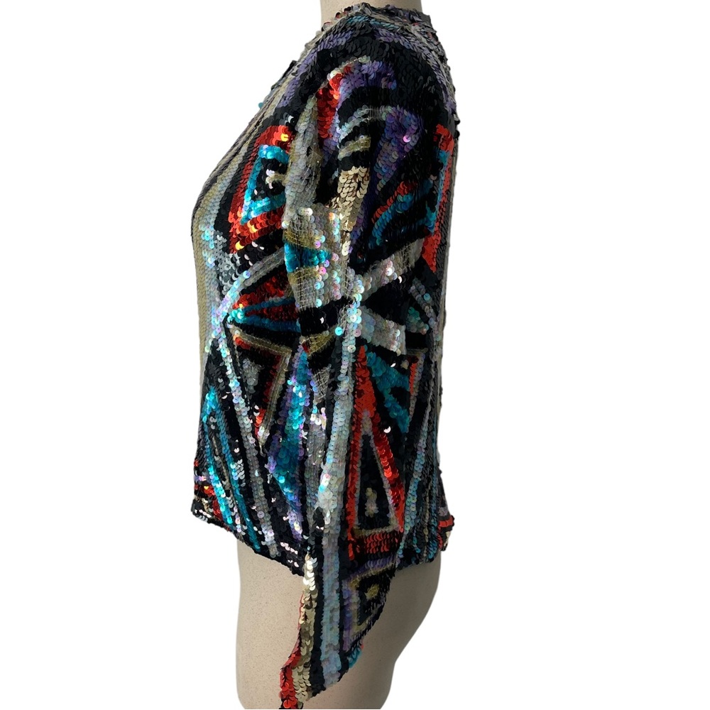Vintage Multicolored Geometric Print Sequin Long Sleeve Blouse Peony and Phoenix - Picture 4 of 10